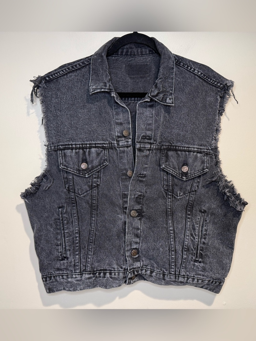 Vintage 80s Levis Acid Wash Black Denim Frayed Cut Off Battle Trucker Vest